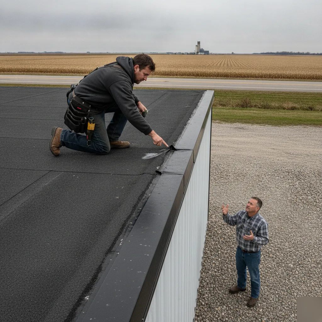 Commercial roof repair on an ag supply store near Highway 65 North in Mason City