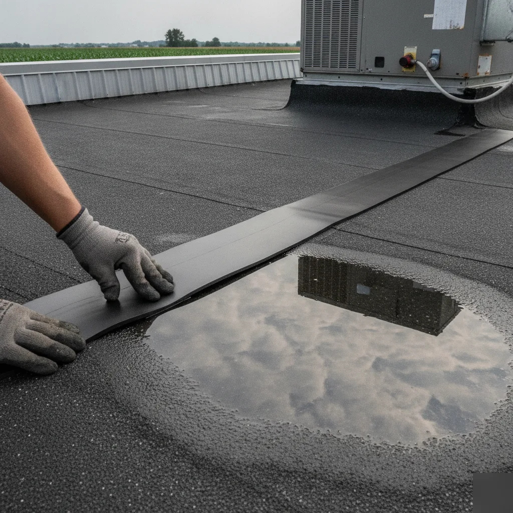 Flat roof membrane repair detail on a commercial building near Highway 65 North Mason City