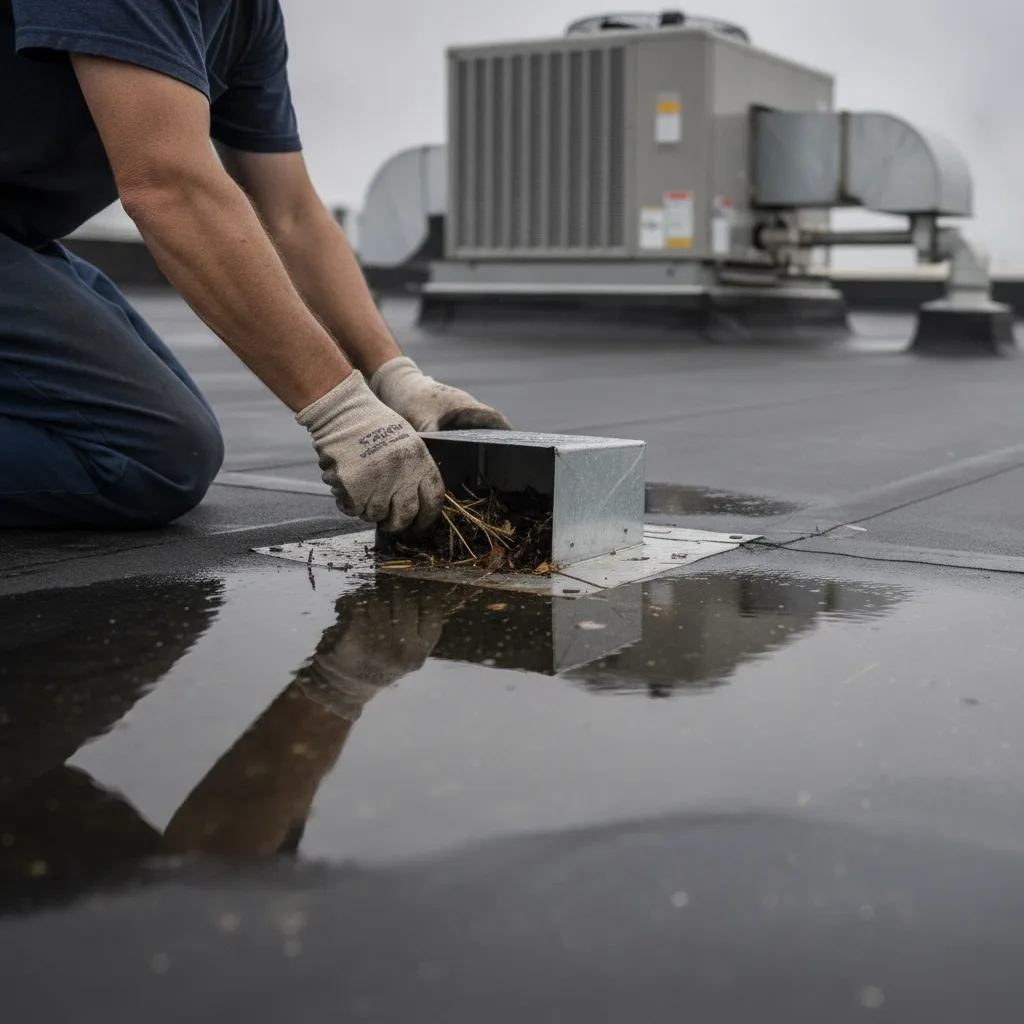 Roof drain repair on a flood-prone commercial roof in the Glenville Corridor near Mason City