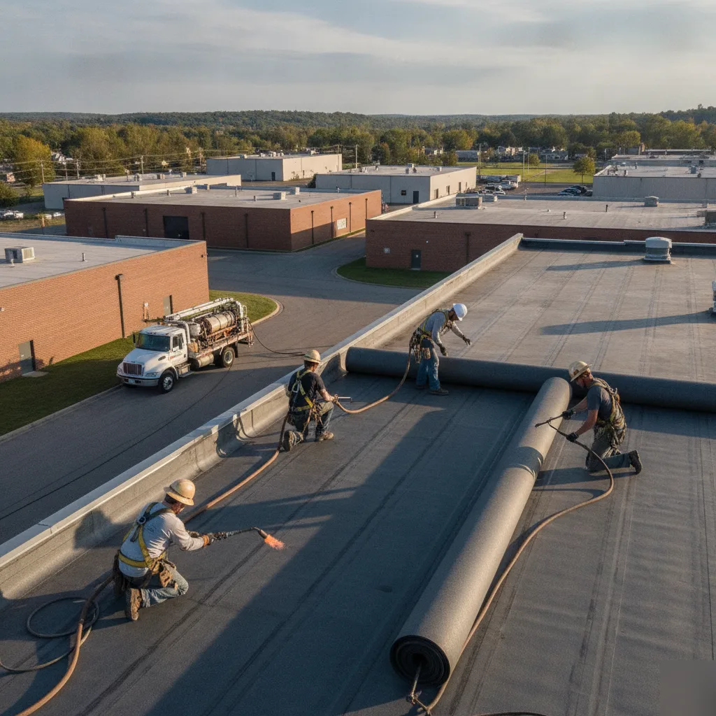 Commercial roofer working on a low-slope building in the North Mason City rural corridor