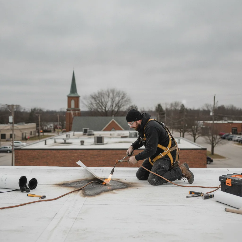 Commercial roof repair in progress on a flat-roofed building near Deer Creek Valley Church in Mason City