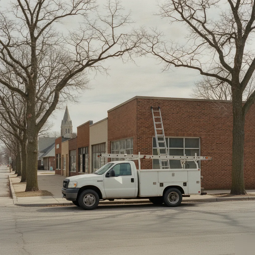 A-1 Roofing Services truck parked along a commercial strip near Deer Creek Valley Church in Mason City