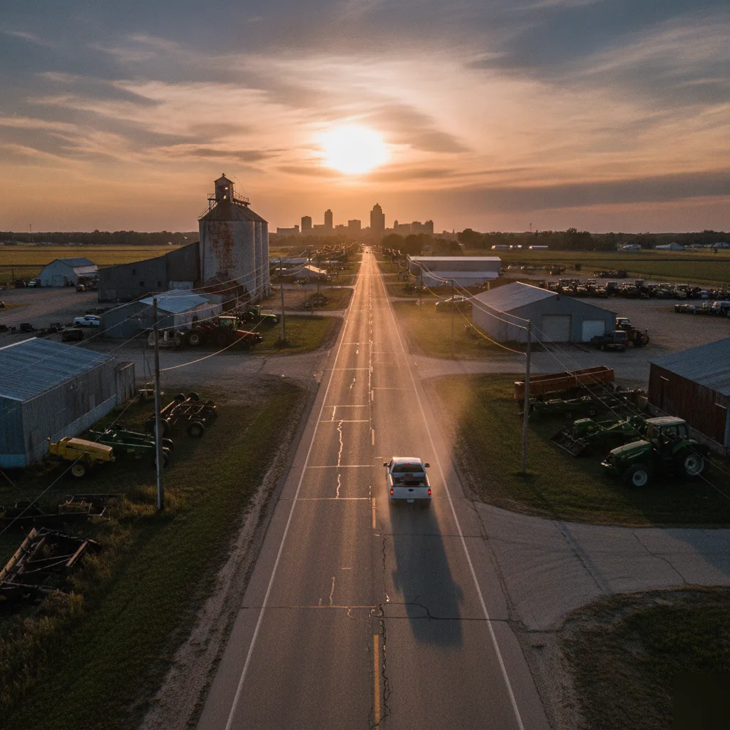 County road at golden hour through the SW Rural Business District near Mason City Iowa