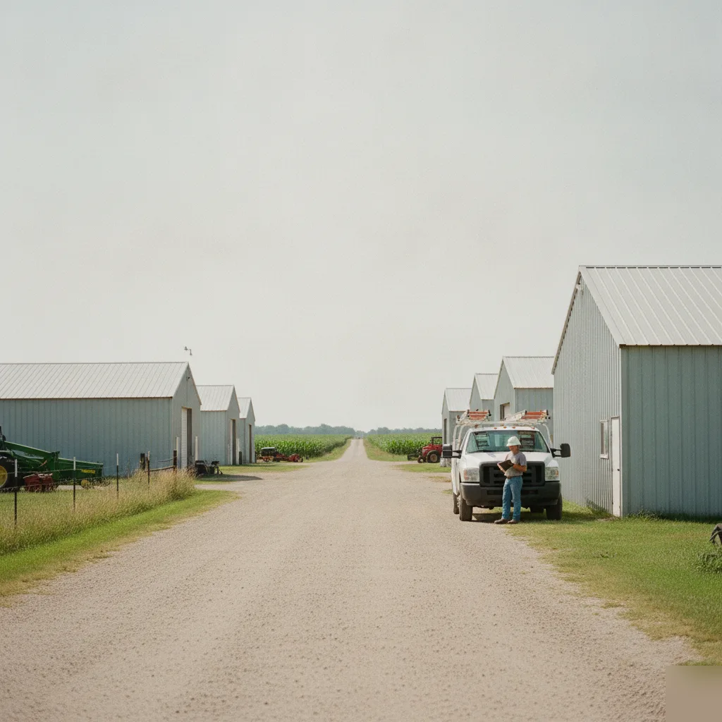 A-1 Roofing Services truck on a gravel road near ag buildings in the SW Rural Business District of Mason City Iowa