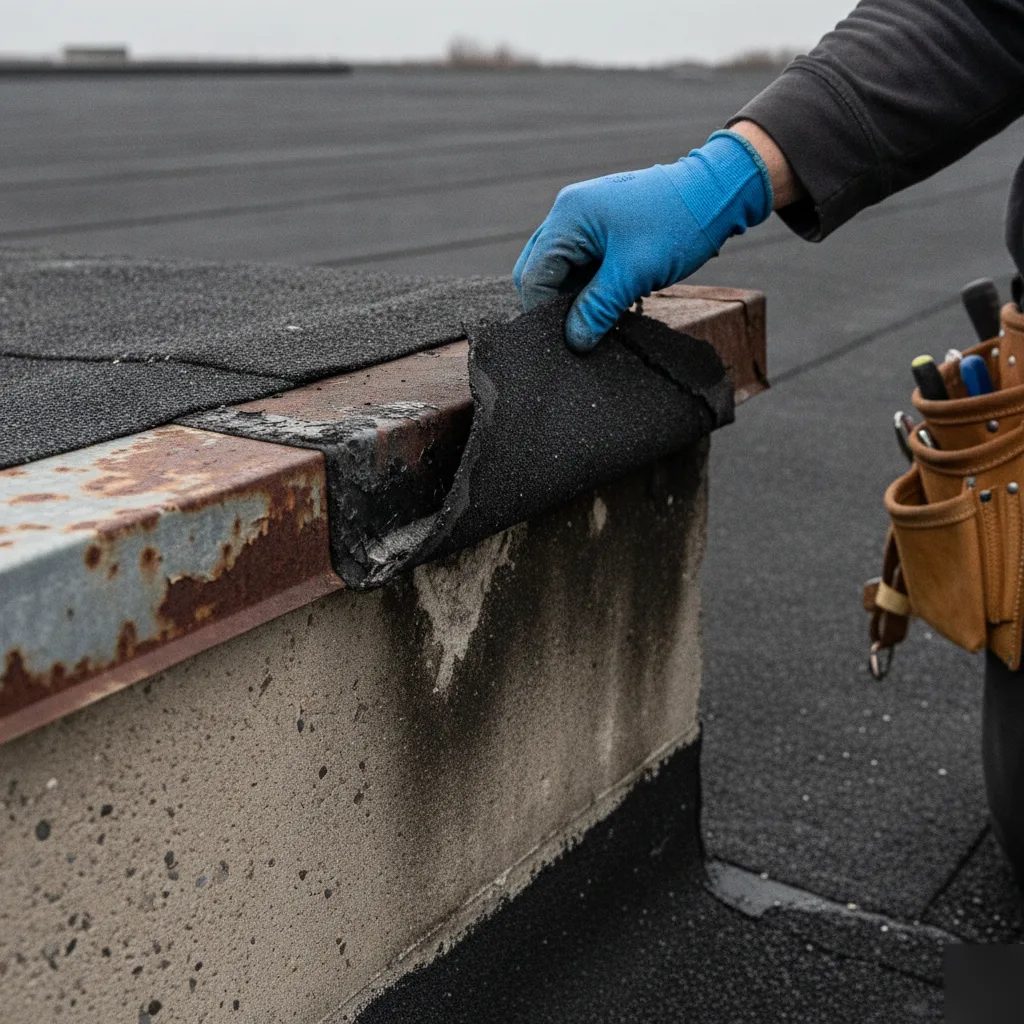 Aging commercial roof membrane detail near Mason City and Glenville