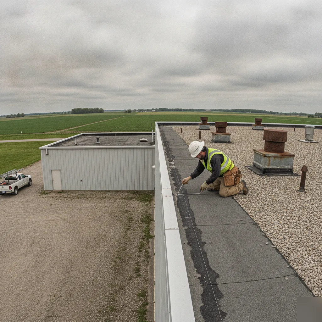 Commercial roofing contractor performing a roof inspection in the Glenville Corridor near Mason City