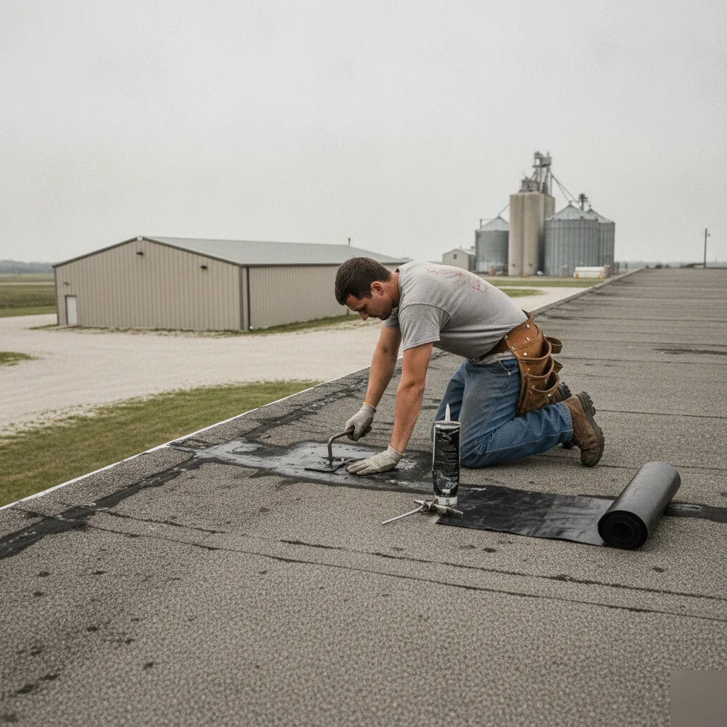 Commercial roofing repair on a flat-roofed building southeast of Mason City near Rock Falls