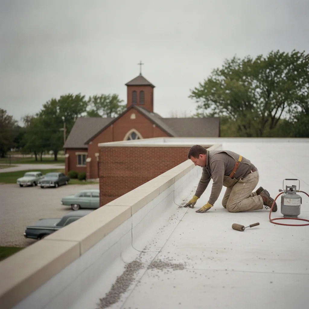 Commercial flat roof on an older building near Christian Reformed Church in Mason City