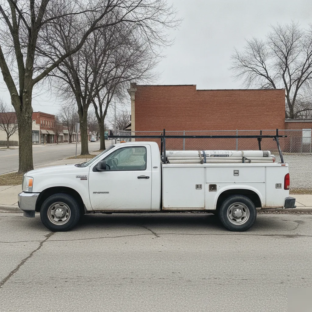 A-1 Roofing Services truck on a Mason City street near Christian Reformed Church