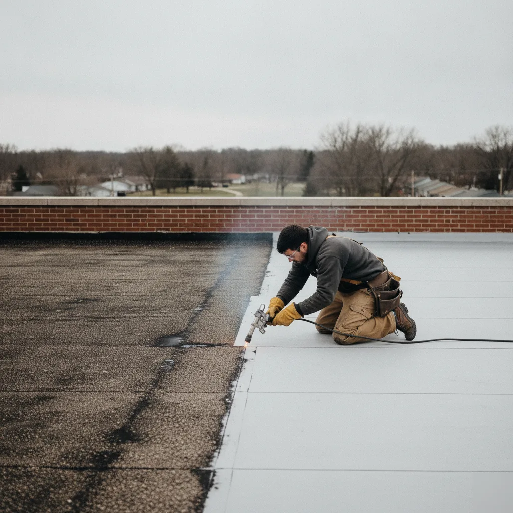 TPO membrane repair on a commercial flat roof near Crystal Lake Park in Mason City