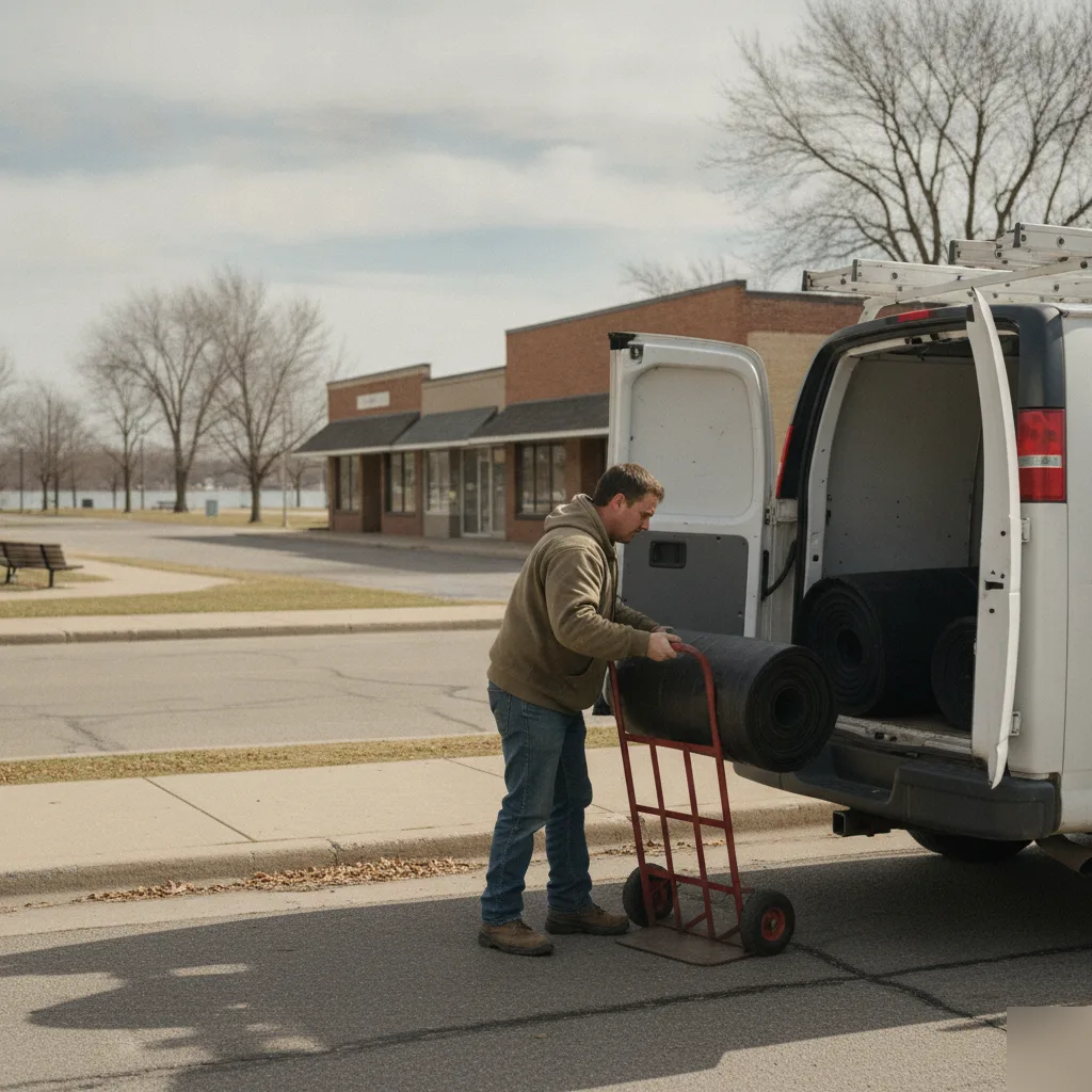 A-1 Roofing Services van on a street near Crystal Lake Park in Mason City Iowa