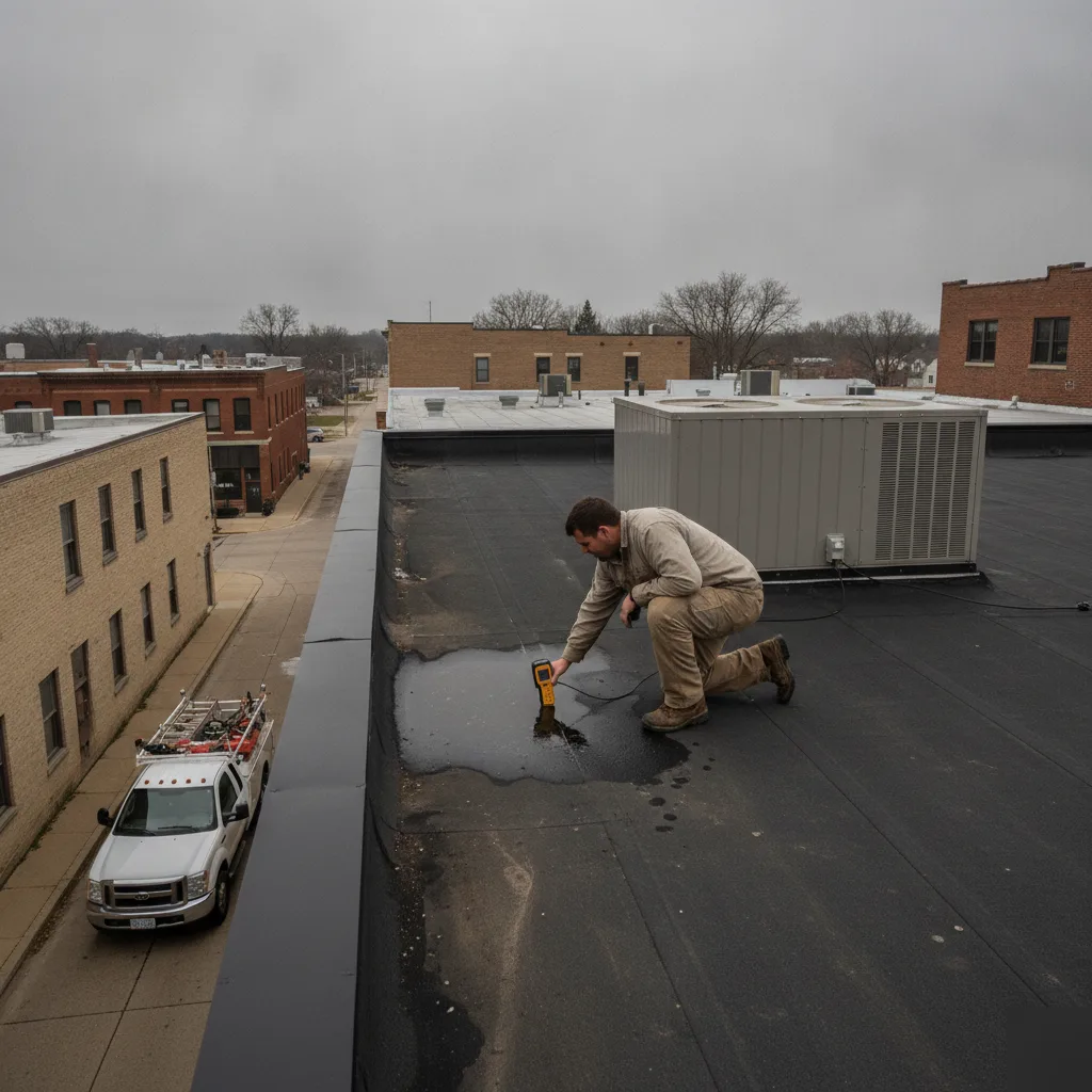 A-1 Roofing Services inspecting a flat commercial roof near Crystal Lake Public Library in Mason City
