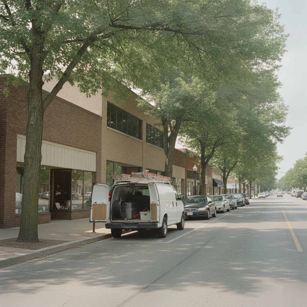 A-1 Roofing Services van on a commercial street near Crystal Lake Public Library in Mason City