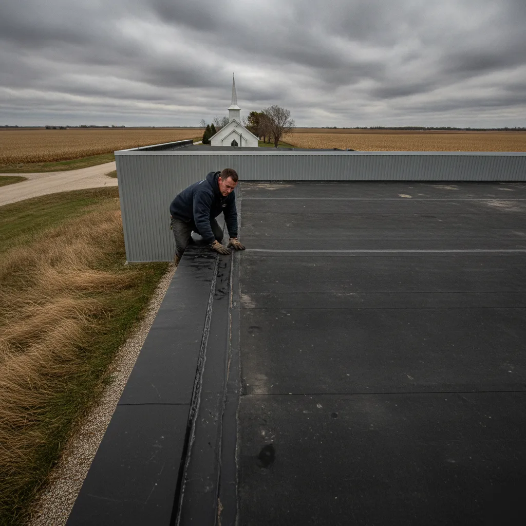 A-1 Roofing Services flat roof inspection on a commercial building near Kanawha Lutheran Church in Mason City