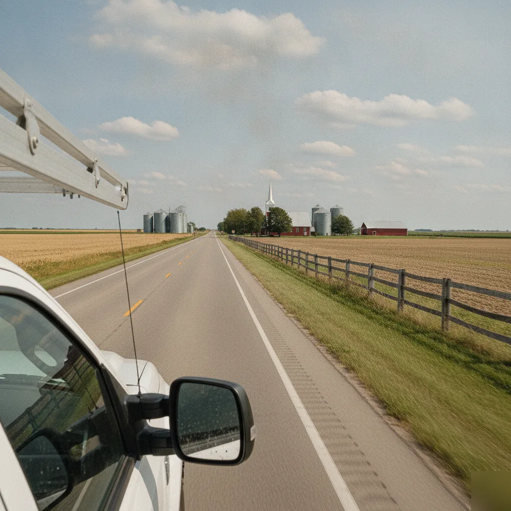 A-1 Roofing Services truck on a rural road heading to Kanawha Lutheran Church near Mason City Iowa