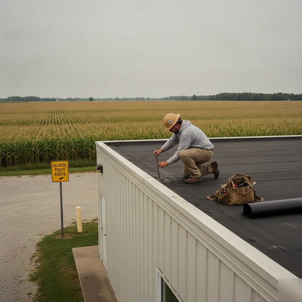 A-1 Roofing Services crew inspecting a commercial flat roof near West Hancock Middle School in Mason City