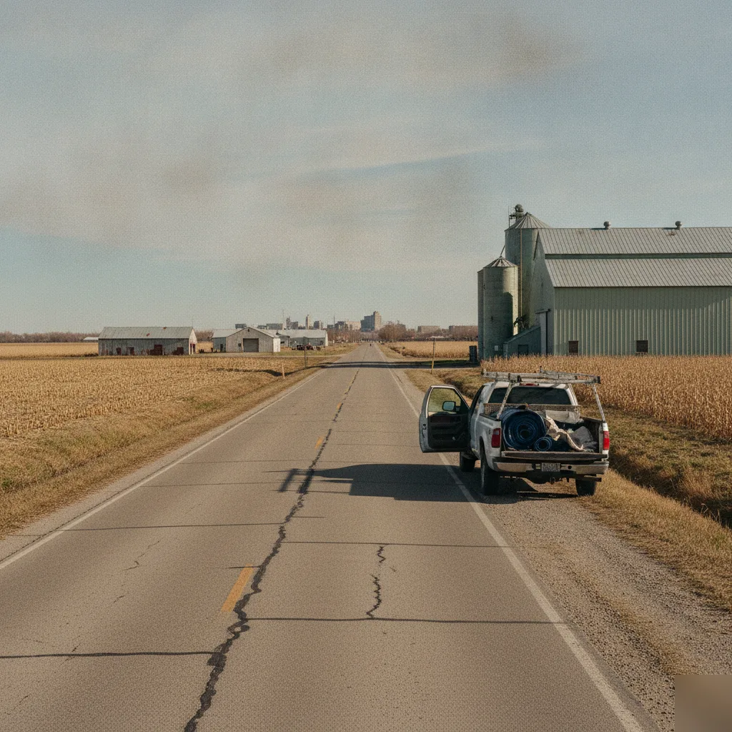 A-1 Roofing Services truck on a rural road near West Hancock Middle School in the Mason City area