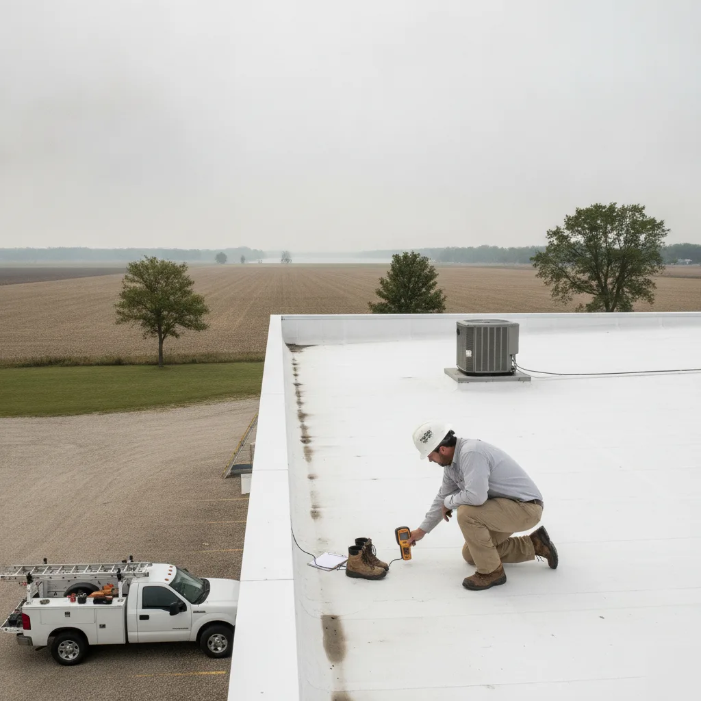 A-1 Roofing Services inspecting a commercial flat roof near Crystal Lake and the World's Largest Bullhead in Mason City Iowa