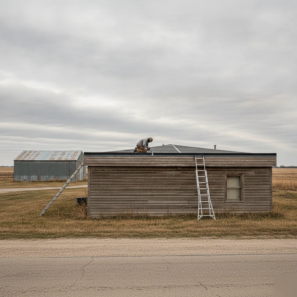 Flat roof repair on a commercial building along Rock Falls Road in southeast Mason City