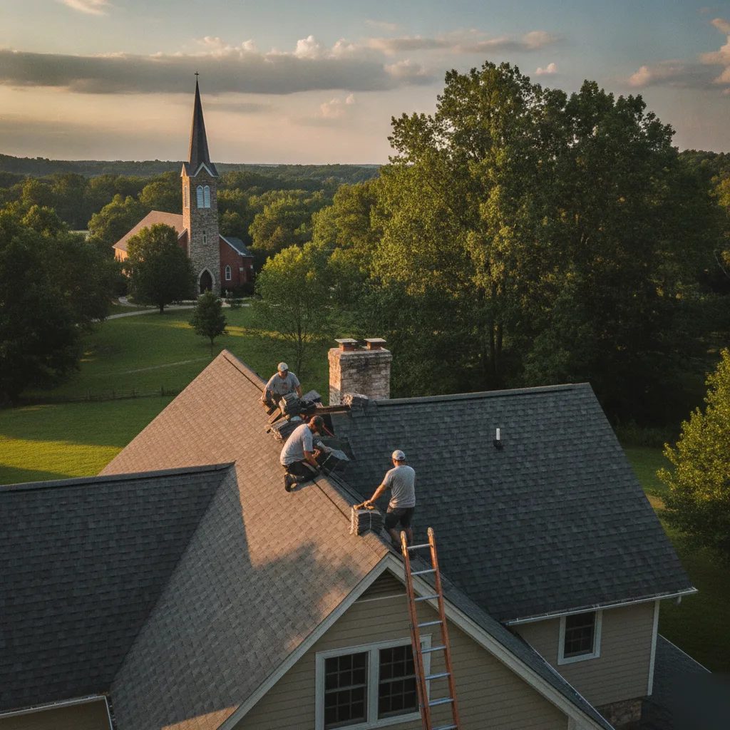 Roof repair company inspecting a flat roof near Deer Creek Valley Church in Mason City Iowa