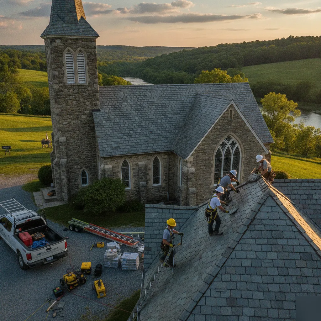 Roofer documenting flat roof membrane and flashing during a repair visit near Deer Creek Valley Church in Mason City