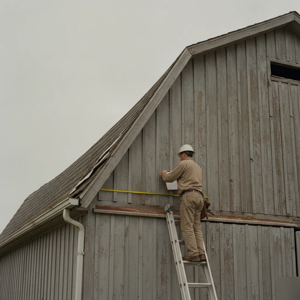 Roof inspection on an older rural gambrel-style building southwest of Mason City