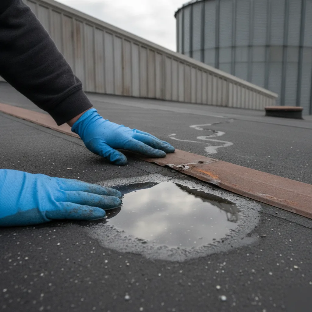 Flat roof seam inspection on a rural Mason City commercial warehouse