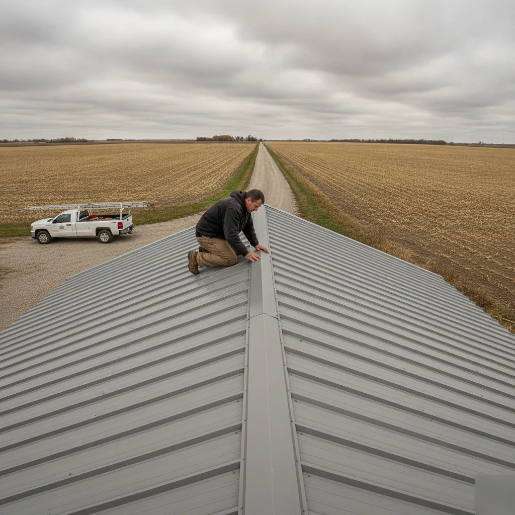 Roofing contractor inspecting a rural metal building roof near Mason City