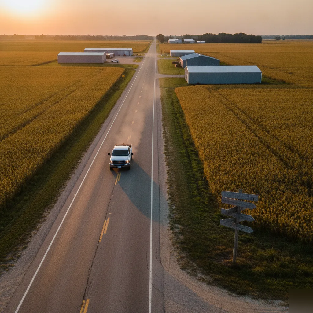 A-1 Roofing Services truck in a rural North Iowa corridor at golden hour