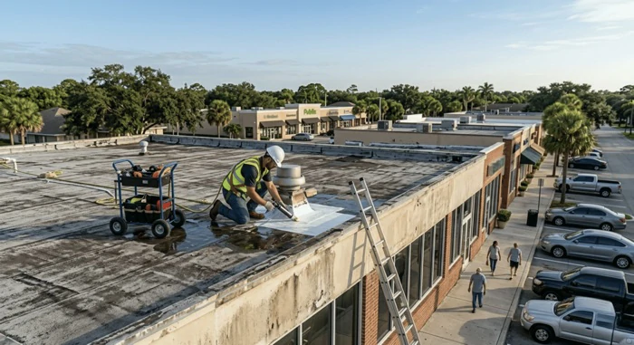 Roofer repairing roof leak in Mason City Iowa