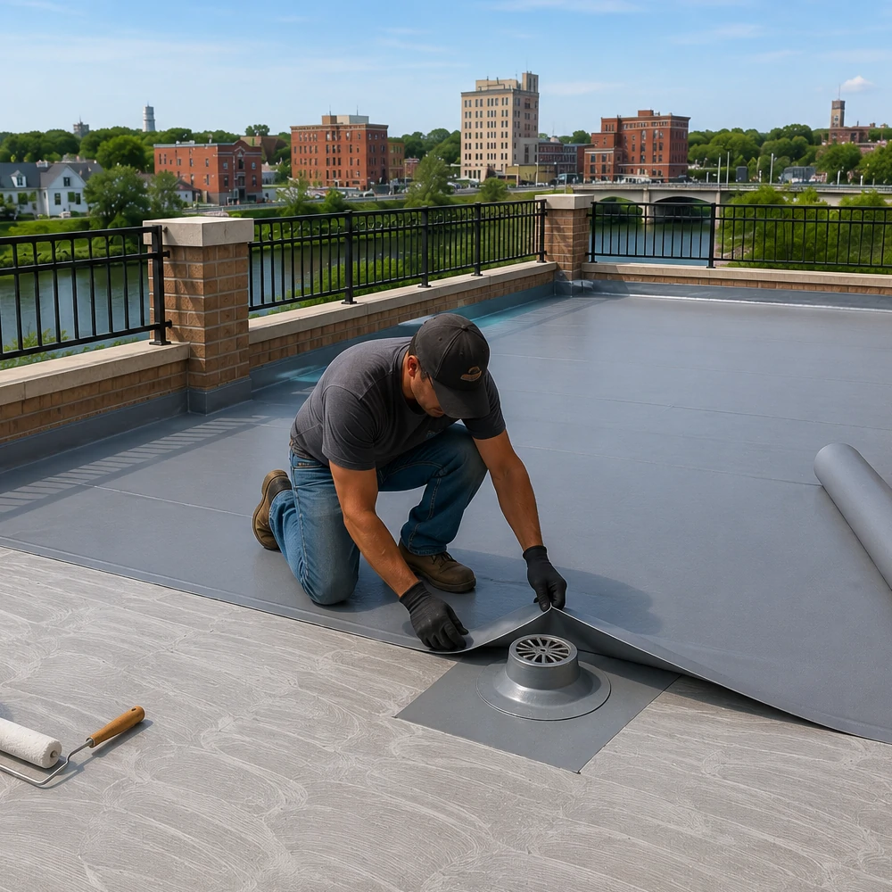 Terrace waterproofing membrane installation with parapet wall flashing in Mason City Iowa