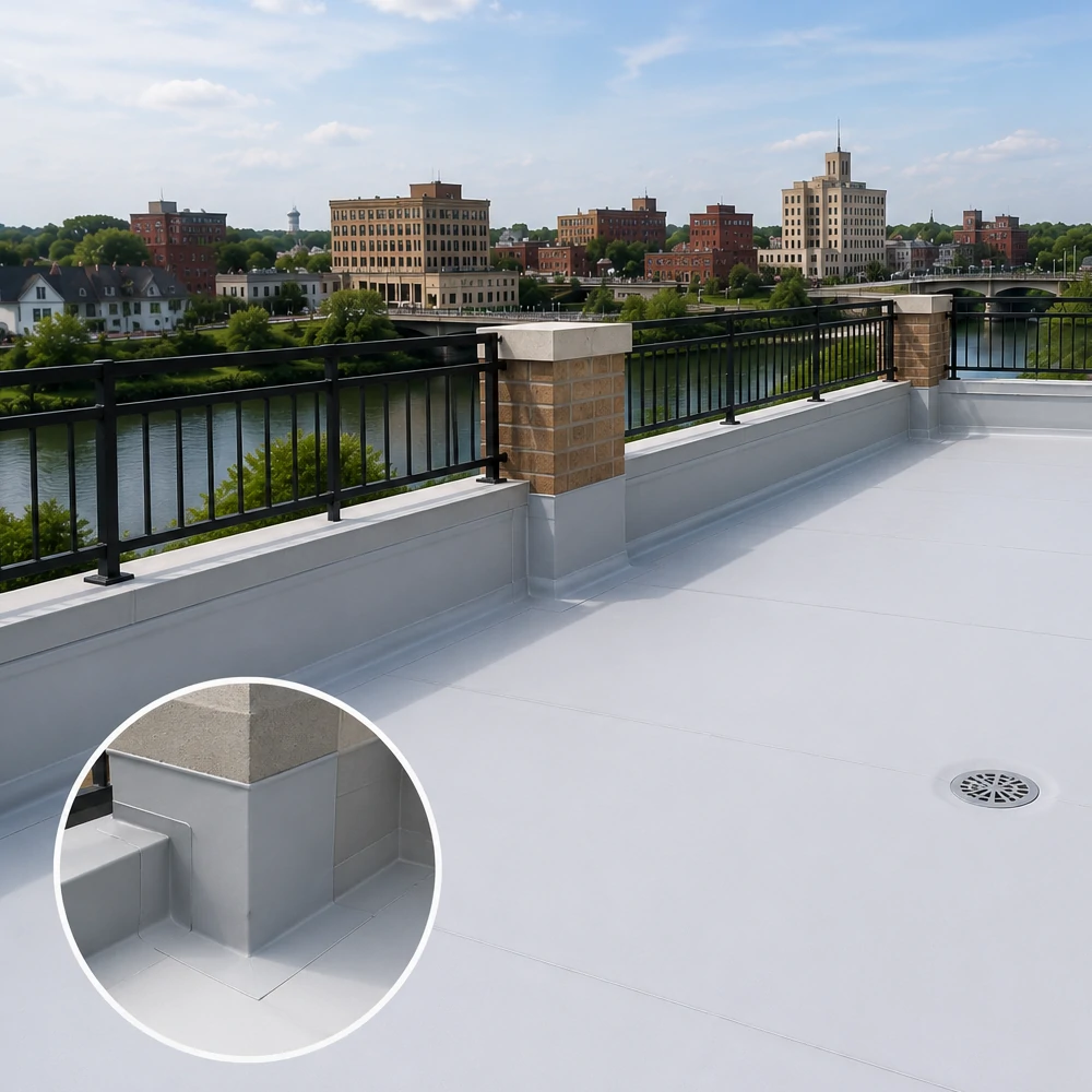 Rooftop terrace waterproofing with drainage mat and root barrier installed in Mason City Iowa